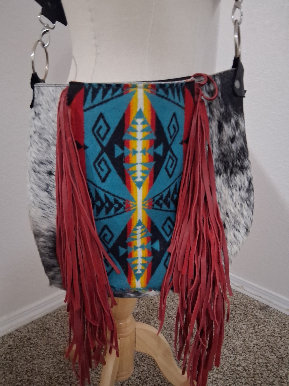 Turquoise & Red Fringe Hobo Bag with Aztec Panel